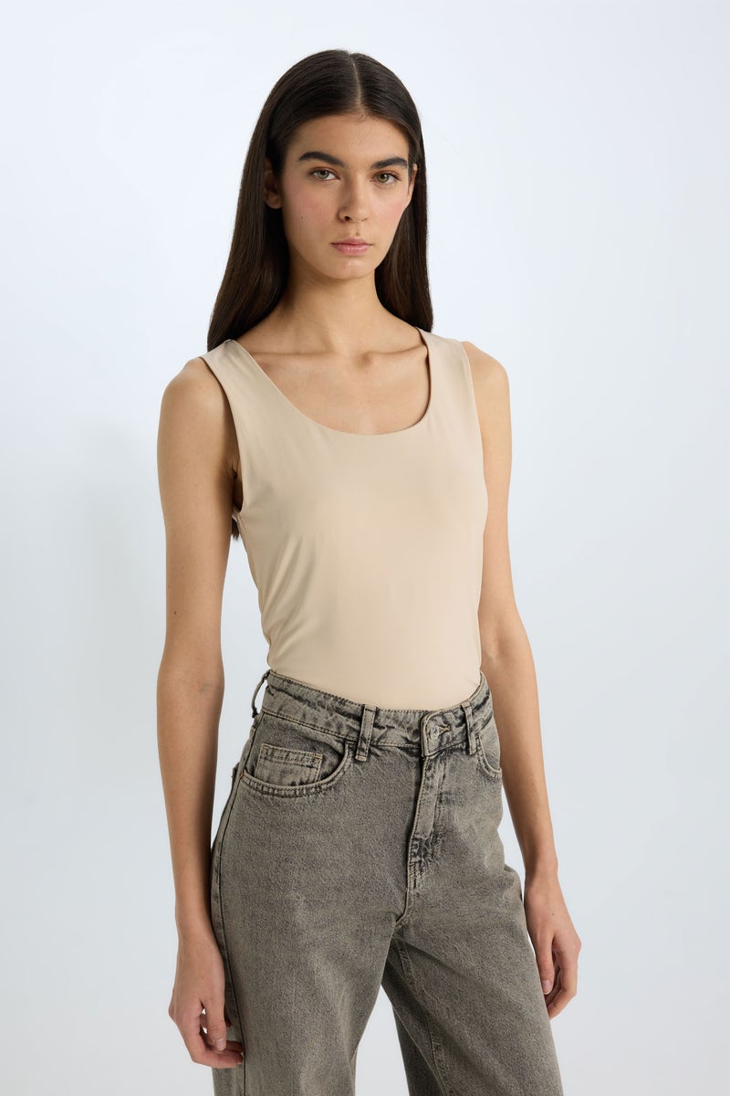 DeFacto Beige Woman Slim Fit Basic Square Collar Sleeveless Tank Top Casual - Image 3